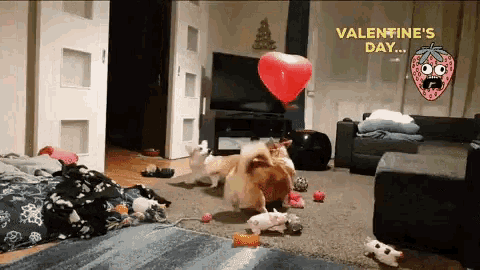 valentine 's day is being celebrated in a living room with a red heart shaped balloon
