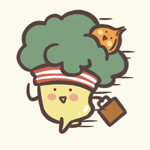 a cartoon drawing of a broccoli head carrying a cat and a briefcase