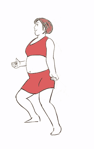 a drawing of two women standing next to each other . one of the women is wearing a red dress .