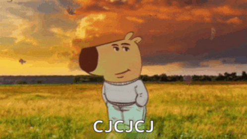 a cartoon bear is standing in a field with the words cjcjcj written below him .