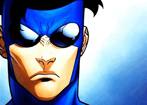a close up of a cartoon superhero 's face with a blue mask and sunglasses .