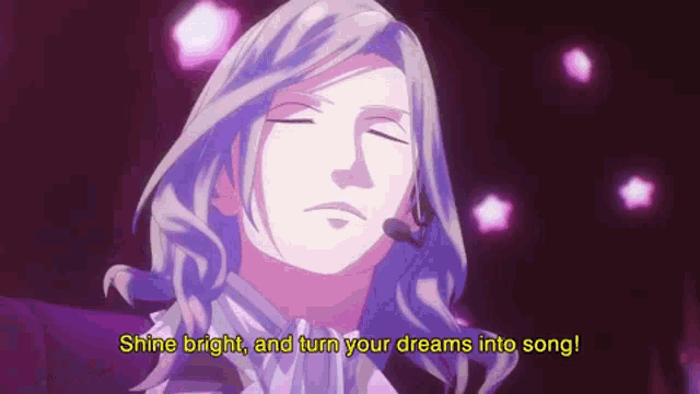a man with a microphone says shine bright and turn your dreams into song .
