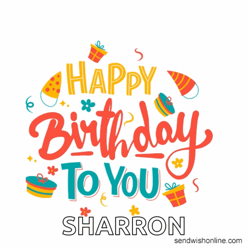 a birthday card for sharron with gifts and party hats