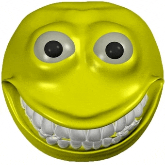 a yellow smiley face with big white teeth and big eyes