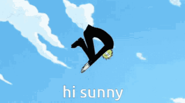 a cartoon character says hi sunny in front of a wall