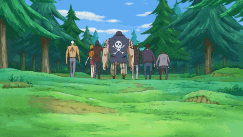 a man with a skull and crossbones tattoo on his back walks with a group of people