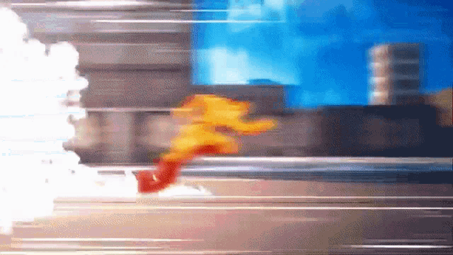 a cartoon character is running through a city with smoke coming out of it