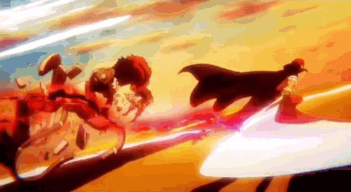 two anime characters are fighting each other with swords in a cartoon .