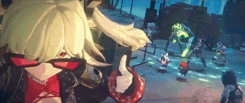 a cartoon character is giving a thumbs up in front of a group of people