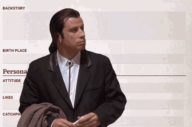a man in a suit and tie stands in front of a backstory page