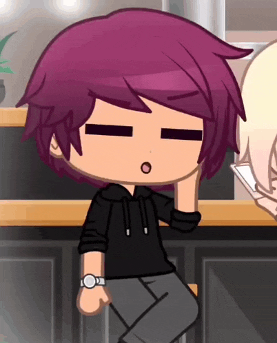 a cartoon character with purple hair is sitting at a table with his eyes closed .