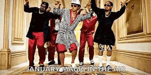 a group of men are dancing in a room with the words `` january magic in the air '' .