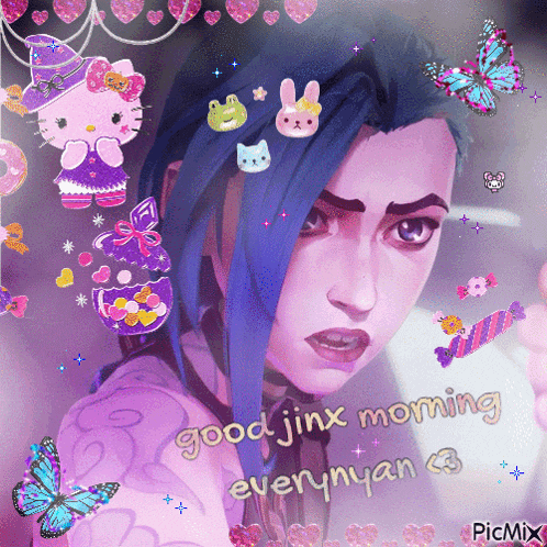 a picture of a girl with blue hair and the words " good jinx morning every nyan "