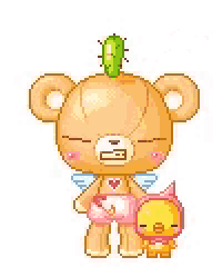 a teddy bear and a chicken are standing next to each other . the teddy bear has a cactus on its head .