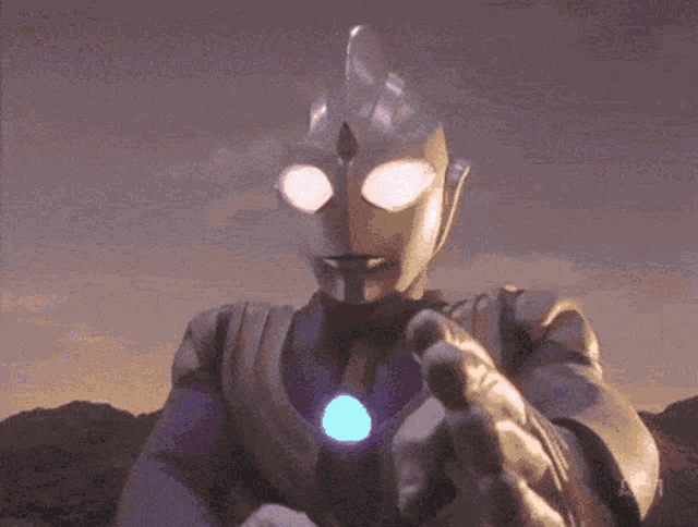 a cartoon character with glowing eyes and a glove on