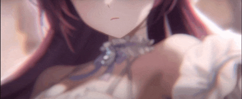 a close up of a girl with red hair wearing a white dress and a necklace .
