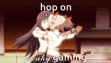 a couple of anime girls hugging each other with the words hop on freaky gaming below them .