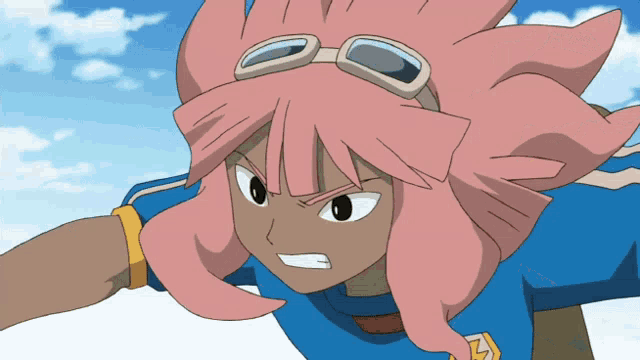 a cartoon character with pink hair is wearing a blue shirt with the letter a on it