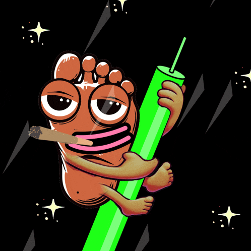 a cartoon of a foot smoking a cigarette and holding a green tube with a straw