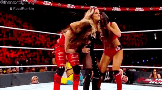 a couple of women wrestling in a ring with a crowd watching