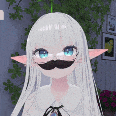 a girl with long white hair has a mustache on her face