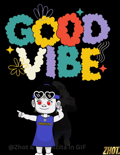 a cartoon character is standing in front of a sign that says " good vibe "