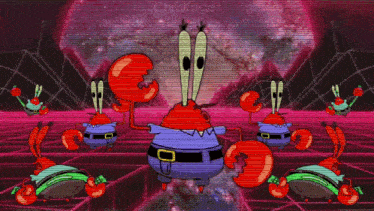 a group of crabs are standing in front of a purple background with the name chriskogos on the bottom