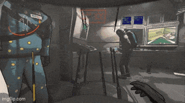 a screenshot of a video game shows a man in a blue suit with yellow dots on his pants