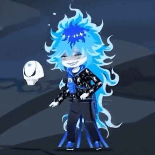 a cartoon character with blue hair and a hat is standing on a dark background .