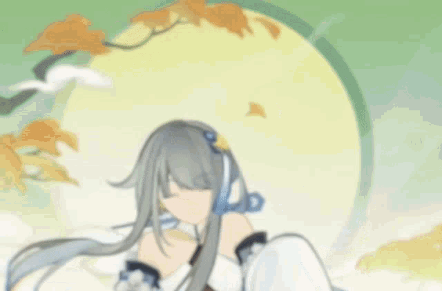 a drawing of a girl with long grey hair standing in front of a full moon .