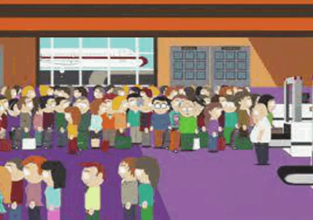 a large group of people are standing in a line at an airport waiting to board an airplane .