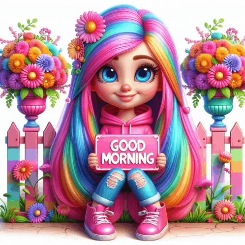 a girl with rainbow hair is holding a sign that says " good morning "