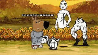 a cartoon of a dog , a cat , and a woman in a field of sunflowers .