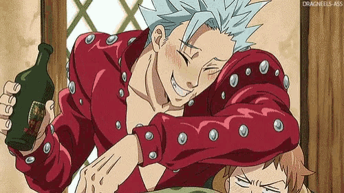 ban from the seven deadly sins is smiling while holding a bottle