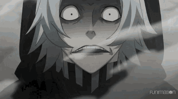 a close up of a person 's face with funimation in the bottom right corner