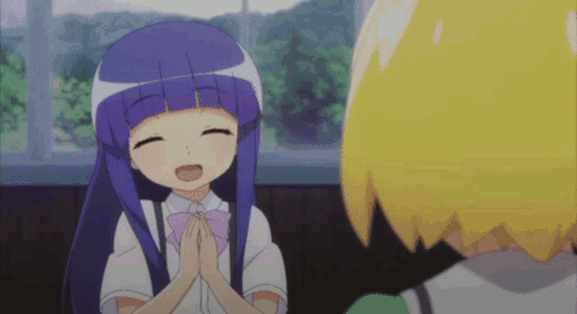 a girl with purple hair and a purple bow is smiling