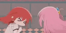 a group of three anime girls are standing next to each other in front of a yellow door .