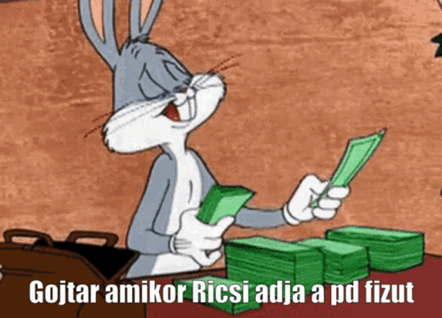 a cartoon of bugs bunny holding a stack of money next to a briefcase