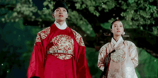 a man and a woman are standing next to each other in a traditional costume .