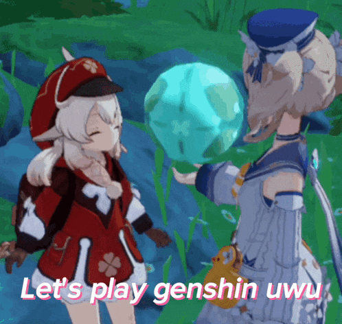 two anime characters standing next to each other with the words let 's play genshin uwu written on the bottom
