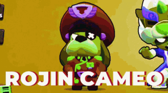 a cartoon of a dog wearing a hat and sunglasses with the words rojin cameo on the bottom
