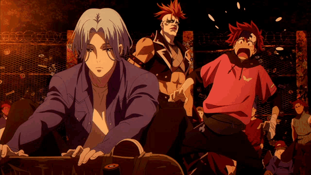 a group of anime characters including a boy in a red shirt with the letter x on it