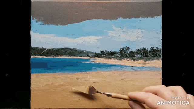 a painting of a beach is being made in animotica