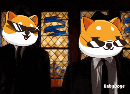 two cartoon dogs wearing suits and sunglasses are standing next to each other in front of a stained glass window