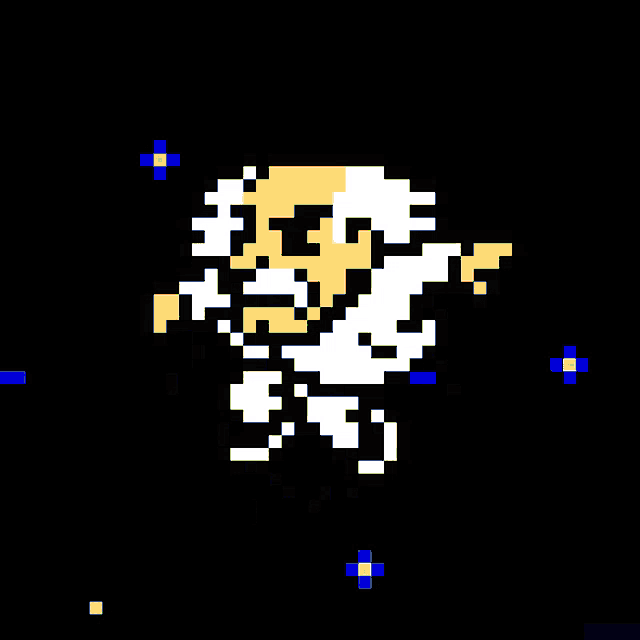 a pixel art drawing of a skeleton with a yellow head and red eyes