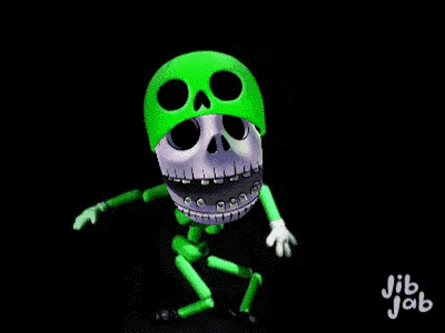 a cartoon skeleton with braces and a green skull