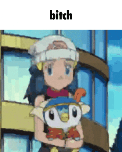 a cartoon girl is holding a stuffed penguin and the word bitch is above her