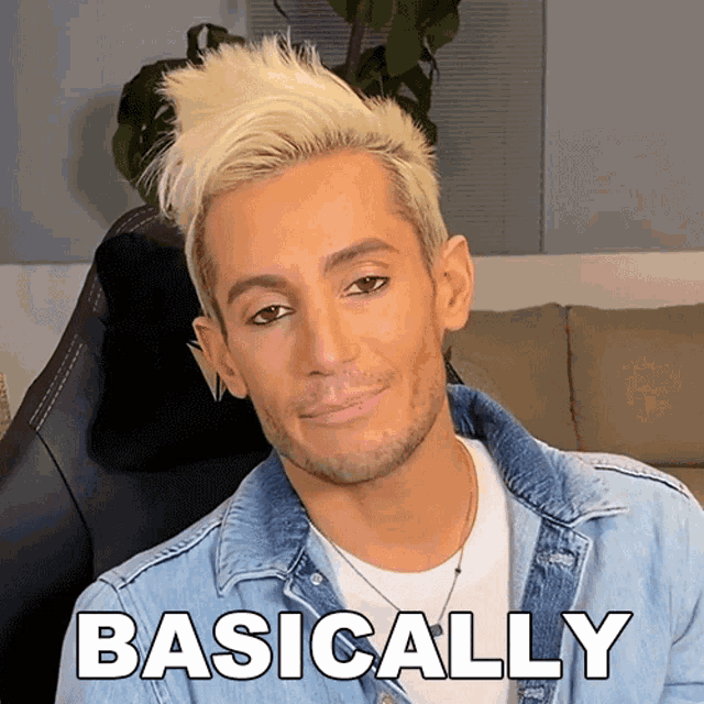 a man in a denim jacket has the word basically on his face
