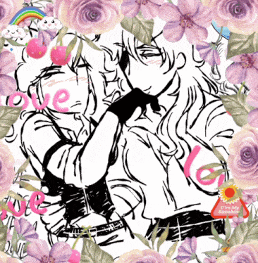a drawing of a man and woman with the word love surrounded by purple flowers
