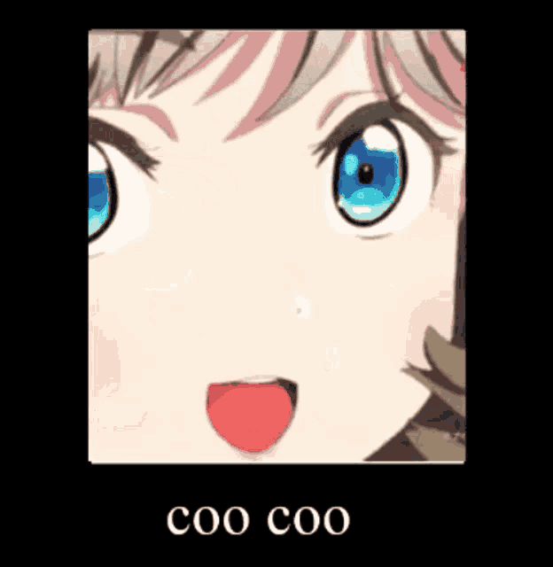 a close up of a girl 's face with the words coo coo above it